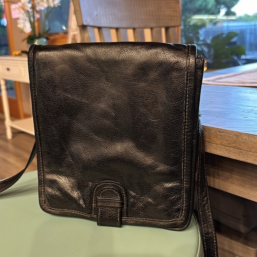 Black faux leather cross body adjustable strap 2 main compartment